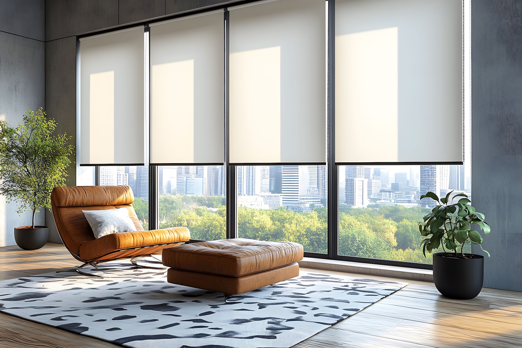 Modern Living Room with Urban View and Stylish Furniture Design Generative AI